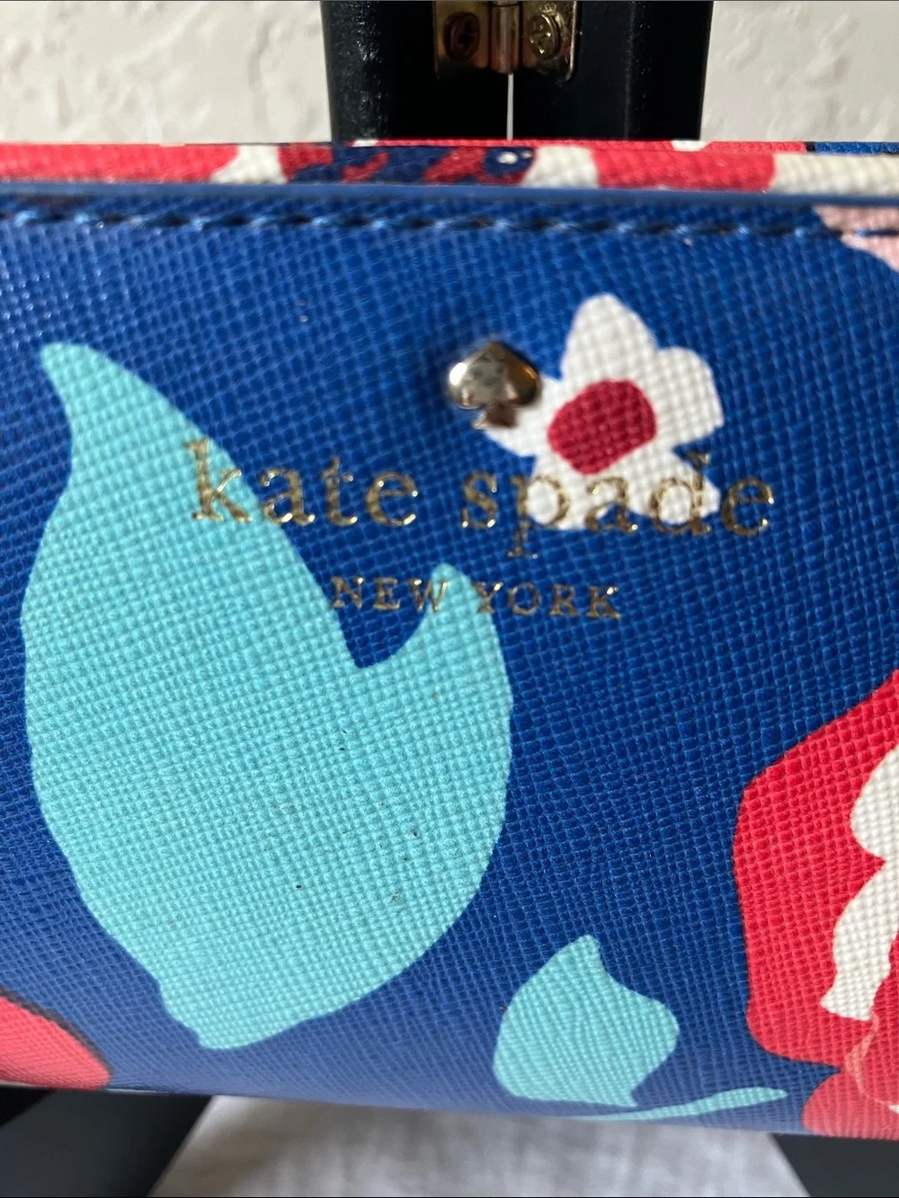 kate spade: Blue Floral Bifold Wallet: Storybook- Red & Mint Accents- Flaws